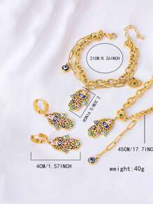 Conjunto de joyas de acero inoxidable para mujeres de 4 piezas con colgante bohemio en forma de palma con ojo y gota de aceite, que incluye collar, brazalete y aretes, adecuado para uso diario - conjunto de palma - Ver 7