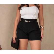 Women's Tailored Shorts With High Waist Belt - 黑色 - 查看 1