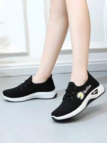 ISPORTE Zapatos de tenis bordados estampados a la moda para mujer, zapatos para correr antideslizantes, resistentes al desgaste y transpirables, zapatos deportivos casuales suaves, cómodos y livianos, adecuados para fitness al aire libre, trabajo y vida diaria. - Negro - Ver 3