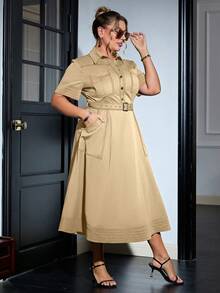 Sollinarry Váy denim hiệu ứng tương phản nhiều túi có thắt lưng trang trí cỡ lớn cho nữ, mùa xuân - Màu Khaki - Xem 3