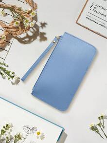 长拉链钱包，双层手拿包，手机袋，简约女士手提包，超薄多功能收纳包，1 件 - 藍色 - 查看 2