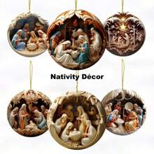 Decoração de Natal 6 peças Presépio Enfeites de Madeira Conjunto - Efeito 3D Pingentes de História Bíblica para Decoração de Casa e Feriados, Perfeito para Aniversários e Festas