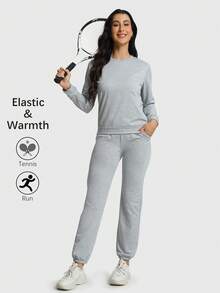 Speed mate 2 件套女士纯色宽松运动衫和慢跑裤套装 - 灰色 - 查看 5