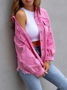 Women's Jeans Coat Ripped Distressed Denim Jacket Long Sleeve Button Down Boyfriend Jeans Coat Trucker Jacket - Pink - View 6