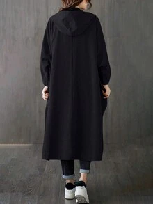Manteau long trench oversize en tissu style chinois artistique pour femmes, printemps/été, avec grandes poches, fermeture boutonnée devant, veste décontractée à capuche noire - Noir - Voir 7
