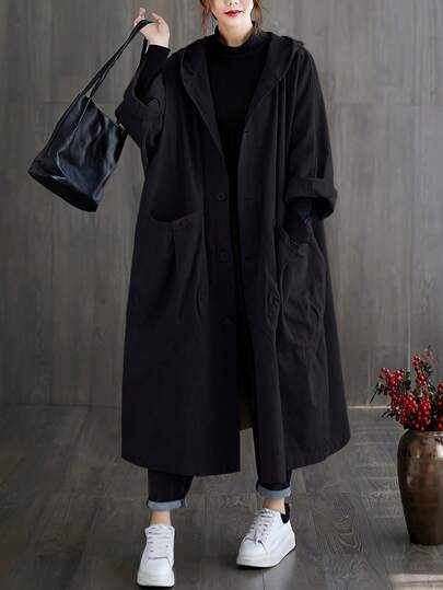 Abrigo largo tipo gabardina oversize y ligero para mujer, de estilo nacional, con bolsillos grandes, cierre con botones, con capucha, casual y versátil, para otoño/invierno
