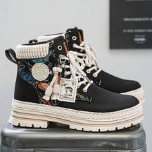 男士西部风格复古提花拼布高帮踝靴 - 黑色 - 查看 2