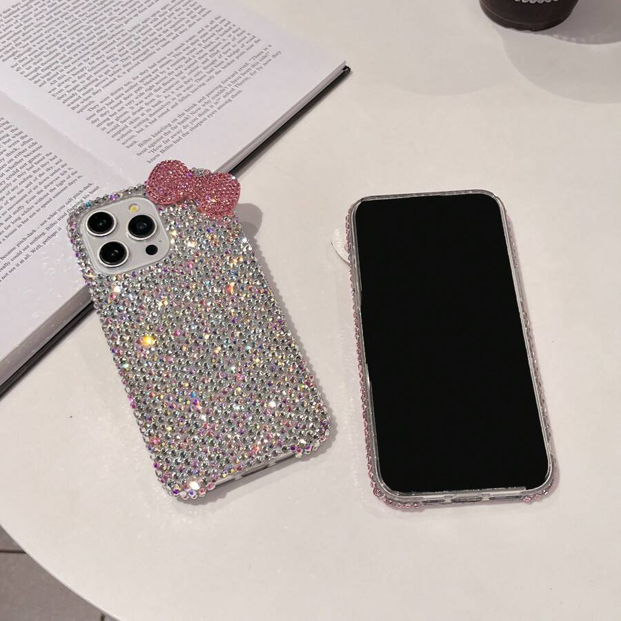 Ốp lưng điện thoại Luxury Girl 3D Red Bow Silver Rhinestone mới, chống sốc tương thích với Apple IPhone 16 Pro Max, 15 Pro Max, 13, 14