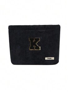 Túi cầm tay nhung kẻ, Túi đựng đồ trang điểm, Túi đựng đồ sọc đơn giản khi đi du lịch, Khăn đen thêu chữ A-Z, Ví đựng mỹ phẩm màu trơn, Túi đựng đồ trang điểm du lịch nhung kẻ dung tích lớn: Hoàn hảo cho việc làm đẹp khi di chuyển! Túi đựng đồ mỹ phẩm du lịch, Đơn giản và cao cấp, Đựng phụ kiện, Thích hợp để cất giữ trong ký túc xá, Du lịch, Đi công tác, Bơi lội, Đựng đồ tại nhà - màu đen - Xem 35