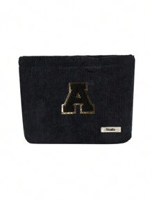 Túi cầm tay nhung kẻ, Túi đựng đồ trang điểm, Túi đựng đồ sọc đơn giản khi đi du lịch, Khăn đen thêu chữ A-Z, Ví đựng mỹ phẩm màu trơn, Túi đựng đồ trang điểm du lịch nhung kẻ dung tích lớn: Hoàn hảo cho việc làm đẹp khi di chuyển! Túi đựng đồ mỹ phẩm du lịch, Đơn giản và cao cấp, Đựng phụ kiện, Thích hợp để cất giữ trong ký túc xá, Du lịch, Đi công tác, Bơi lội, Đựng đồ tại nhà - màu đen - Xem 12