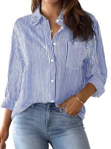 New Loose Fit Long Sleeve Women Shirt, Button-Down Solid Color Blouse - Blue and White - View 2
