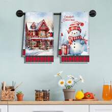 2 件/套圣诞快乐厨房毛巾，雪人与房屋设计，速干吸水洗碗布，适用于圣诞装饰、厨房和浴室，17.7*27.5 英寸 - 紅色 - 查看 10