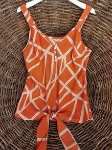 新款寬鬆女士無袖上衣,帶寬勾紋印花 - 橘色 - 查看 1