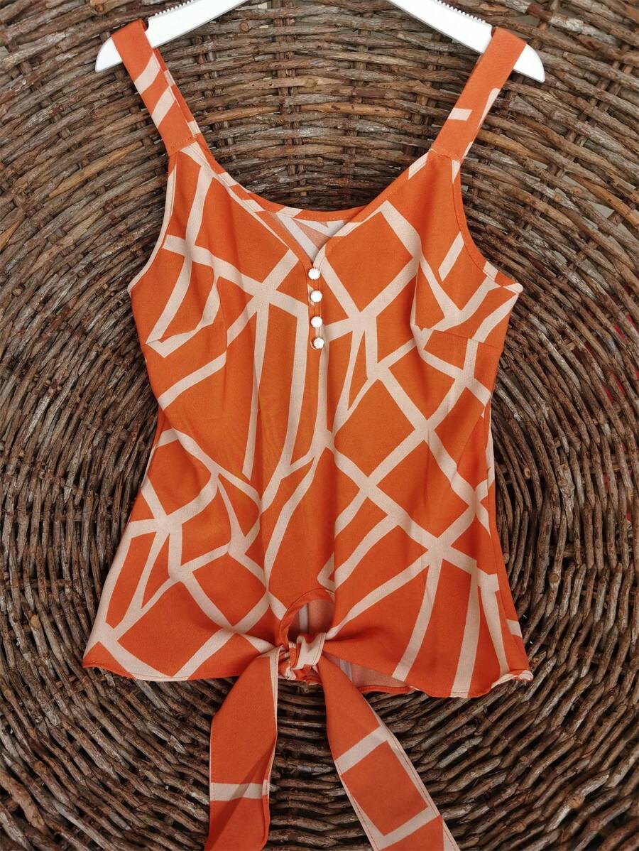 新款寬鬆女士無袖上衣,帶寬勾紋印花 - 橘色 - 查看 1