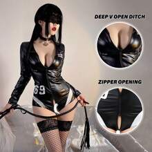 [Biker Jacket] Sexy Faux Leather Catsuit With Zipper, Racing Uniform Halloween