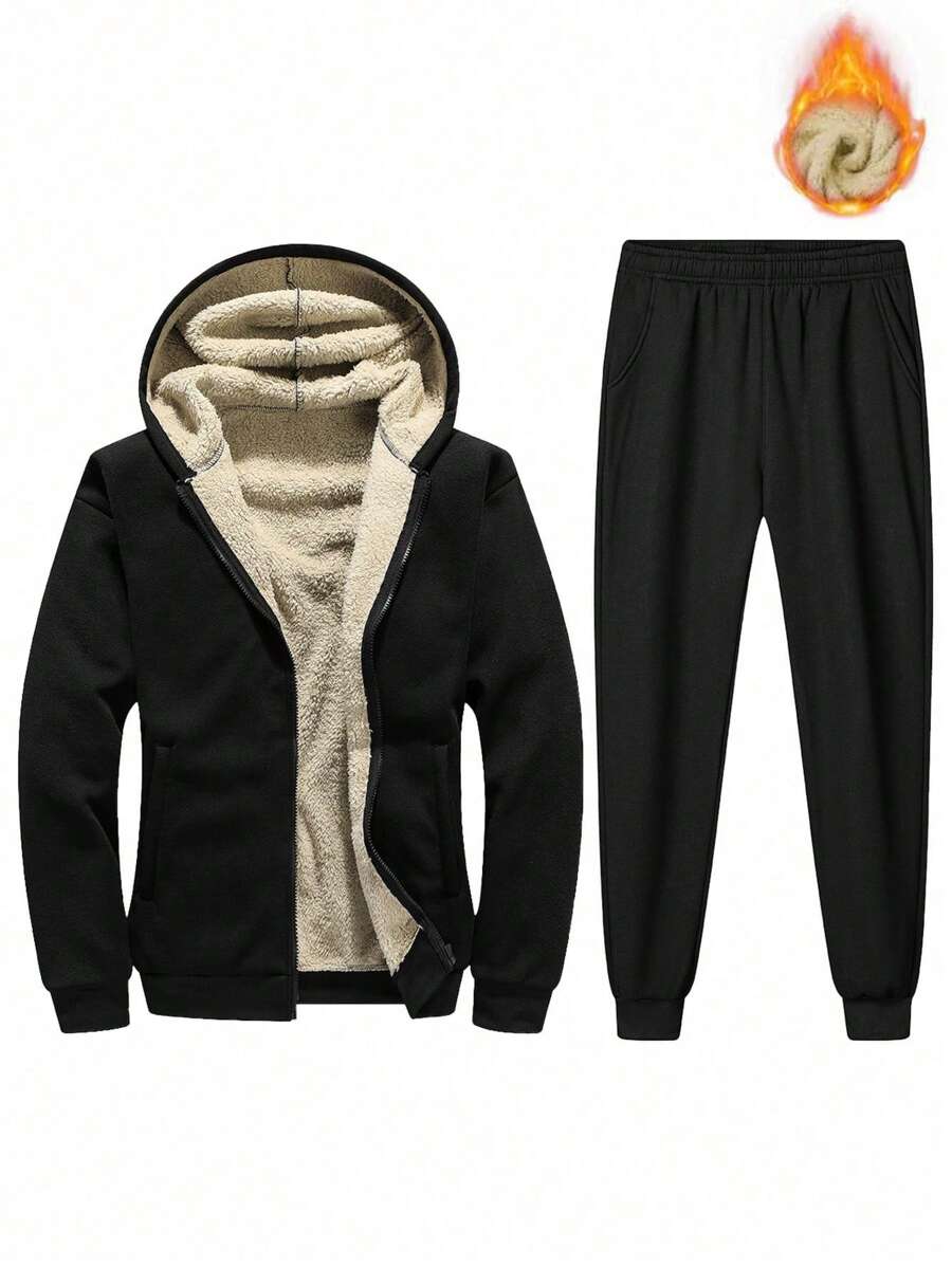 Men Zip Up Thermal Lined Hoodie & Sweatpants, Fall Clothes Winter