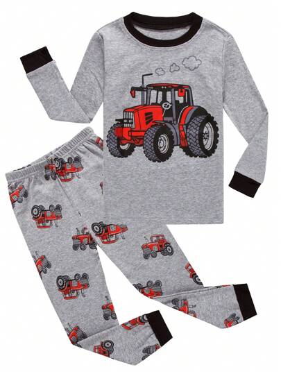 2 delar pyjamasset med traktortryck, t-shirt och byxor för småbarn, höst, liten i storleken, rekommenderas att beställa en storlek större