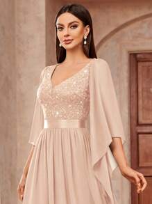 MIUSOL 深V领亮片拼接花卉蕾丝雪纺正式派对长裙，优雅女士春季派对礼服 - 香檳色 - 查看 8