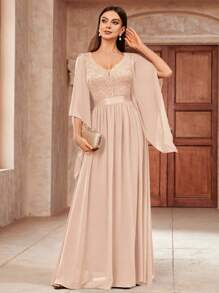 MIUSOL 深V领亮片拼接花卉蕾丝雪纺正式派对长裙，优雅女士春季派对礼服 - 香檳色 - 查看 5