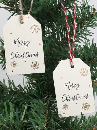 100 件/套白色雪花图案圣诞快乐标签，适用于圣诞礼品盒装饰、圣诞节