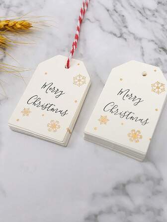 100 件/套白色雪花图案圣诞快乐标签，适用于圣诞礼品盒装饰、圣诞节