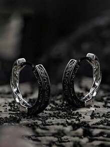 1 par de pendientes con contraste de color negro texturado y plateado, diseño sencillo y de moda, regalo para hombres - Retro - Ver 1