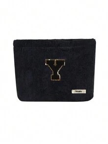 Túi cầm tay nhung kẻ, Túi đựng đồ trang điểm, Túi đựng đồ sọc đơn giản khi đi du lịch, Khăn đen thêu chữ A-Z, Ví đựng mỹ phẩm màu trơn, Túi đựng đồ trang điểm du lịch nhung kẻ dung tích lớn: Hoàn hảo cho việc làm đẹp khi di chuyển! Túi đựng đồ mỹ phẩm du lịch, Đơn giản và cao cấp, Đựng phụ kiện, Thích hợp để cất giữ trong ký túc xá, Du lịch, Đi công tác, Bơi lội, Đựng đồ tại nhà - màu đen - Xem 24