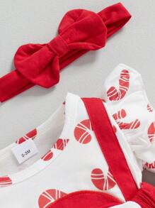 新生女宝宝圣诞服装长袖荷叶边可爱圣诞老人连体衣连衣裙婴儿套装 - 紅白色 - 查看 3