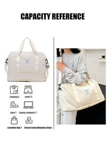 1 件休闲绗缝超大旅行行李袋多功能携带可扩展干湿分离和行李带设计轻便健身和瑜伽手提包非常适合运动/健身/周末度假和过夜住宿 - 机场友好型行李箱整理器 - 米色 - 查看 6