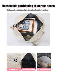 1 件休闲绗缝超大旅行行李袋多功能携带可扩展干湿分离和行李带设计轻便健身和瑜伽手提包非常适合运动/健身/周末度假和过夜住宿 - 机场友好型行李箱整理器 - 米色 - 查看 7