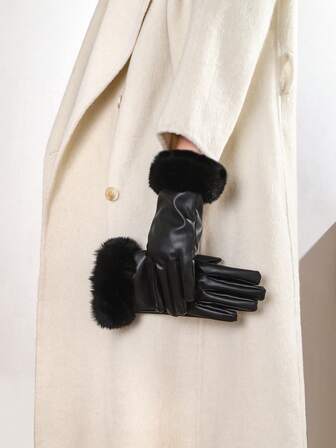 1 双女士皮革触屏手套，带毛绒衬里，保暖防风，万圣节配饰冬季手套