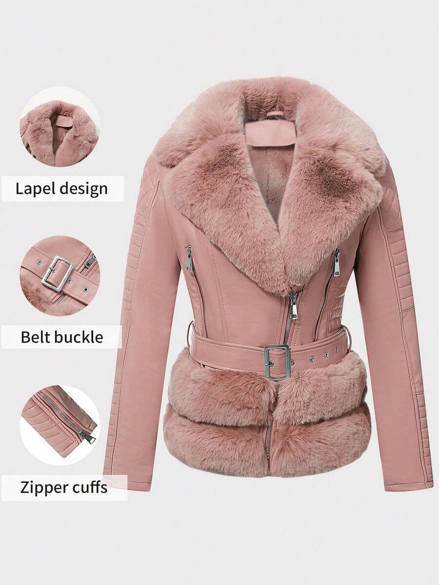 Faux Leather Jacket For Women With Elegant Faux Fur Collar, Belt, And Warm Vintage Style - Perfect For Fall And Winter Season Pink - 粉色 - 查看 1