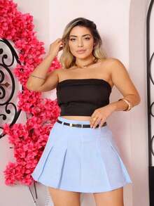 Pleated Skirt With Linhao Belt - 淺藍色 - 查看 3