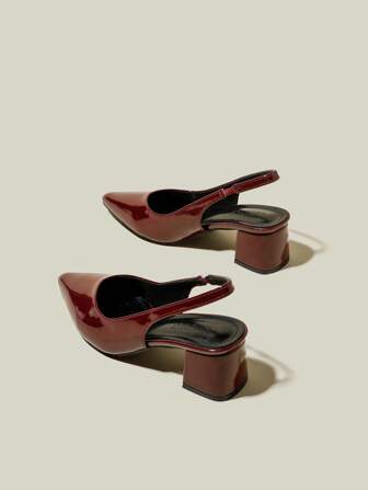 女士勃艮第漆皮尖头松紧带粗跟高跟鞋，优雅尖头正式高跟鞋，时尚露跟高跟鞋，带后绑带