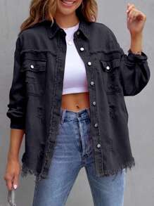 Women's Ripped Distressed Denim Jacket Long Sleeve Button Down Boyfriend Jean Coat Trucker Jacket - Black - View 2