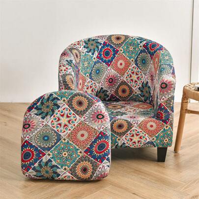 Elastic Stretch Tub Chair Covers 2-Pieces Armchair Bucket Chair Full Slipcovers 2 IN 1 Tub Chair Cover Armchair Printed Soft Club Chair Seat Sofa Covers Slipcover Protector For Home Dining Living Room