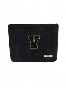 Túi cầm tay nhung kẻ, Túi đựng đồ trang điểm, Túi đựng đồ sọc đơn giản khi đi du lịch, Khăn đen thêu chữ A-Z, Ví đựng mỹ phẩm màu trơn, Túi đựng đồ trang điểm du lịch nhung kẻ dung tích lớn: Hoàn hảo cho việc làm đẹp khi di chuyển! Túi đựng đồ mỹ phẩm du lịch, Đơn giản và cao cấp, Đựng phụ kiện, Thích hợp để cất giữ trong ký túc xá, Du lịch, Đi công tác, Bơi lội, Đựng đồ tại nhà - màu đen - Xem 13