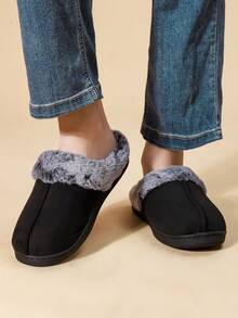 女士纯色软底毛绒拖鞋，室内防滑保暖平底家居鞋，适合冬季 - 黑色 - 查看 3