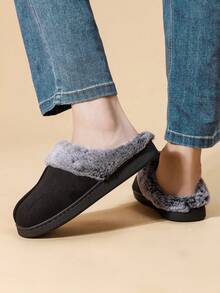 女士纯色软底毛绒拖鞋，室内防滑保暖平底家居鞋，适合冬季 - 黑色 - 查看 4