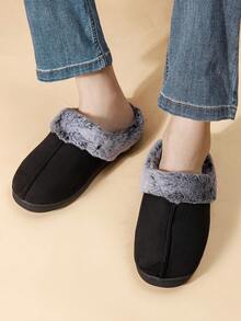 女士纯色软底毛绒拖鞋，室内防滑保暖平底家居鞋，适合冬季 - 黑色 - 查看 2