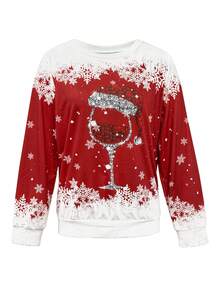 女士秋冬圆领时尚可爱圣诞酒杯图案派对运动衫套头衫 - 紅色 - 查看 2