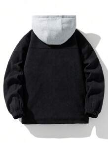 男士休闲连帽撞色灯芯绒羽绒服，秋冬季款，1件装 - 黑色 - 查看 2