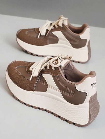 New Style Women's Chunky Sneakers, Platform Thick Sole, Breathable Casual Colorblock Sport Shoes, Autumn 2024