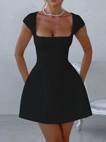 Abito mini a-line con colletto quadrato e maniche corte da donna, autunno