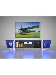 TV Console With Large Storage Cabinets, Biplane Shape Design LED TV Stand With Remote Control, Multiple Modes Changing Lights Modern Entertainment Center With Power Cord, Black,Good Furniture