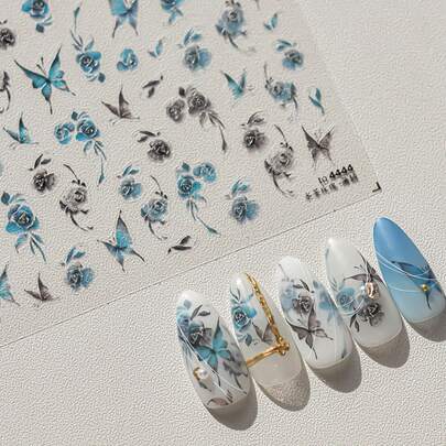 Beautizon Nailartlab 1片蓝色蝴蝶花朵美甲贴纸，DIY装饰，Y2K风格3D秋季美甲配件