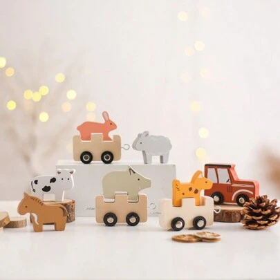 9pcs/Set Wooden Farm Animal Stacking Toys For Kids, Children Early Learning Educational Toys, Cartoon Farm Animals Playset (Cow, Sheep, Rabbit)