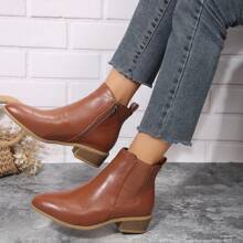 Women Autumn/Winter Personalized Leather Pointed Toe Chunky Heel Shiny Leather Patchwork Elastic Side Zip Ankle Boots, Business Style, Durable, Suitable For Academy And Daily Wear, Solid Color, Fashionable Short Boots - Brown - View 3