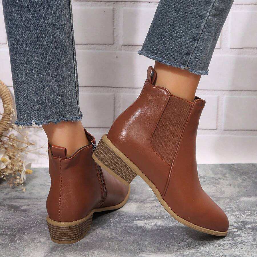 Women Autumn/Winter Personalized Leather Pointed Toe Chunky Heel Shiny Leather Patchwork Elastic Side Zip Ankle Boots, Business Style, Durable, Suitable For Academy And Daily Wear, Solid Color, Fashionable Short Boots - Brown - View 1