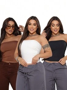 Kit 3 Cropped Top Women's Strapless Tube Versatile Fashion Casual Blogger Foreign - Rỉ Nâu - Xem 1